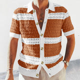 Foesce Casual Elegant Contrast Color Knitted Short-sleeved Shirt Men's Summer Slim Single-breasted Color Matching Hollow Lapel Top