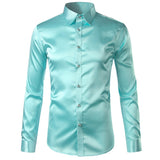 Foesce Pink Silk Satin Shirt Men Fashion Long Sleeve Mens Slim Tuxedo Shirts Casual Shiny Emulation Silk Button Down Dress Shirts