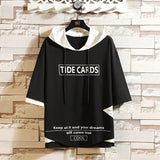 Foesce American Retro Half  Sleeve  Hoodies T-shirt Sweatshirts Men Hooded Casual  Young Hip Hop Male Lace Up Hoodies big X Print