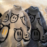 Foesce Men Turtleneck Cute Anime Cartoon Knitted Sweater  Autumn Winter Streetwear Hip-hop Loose Pullover Knitwear Couples Sweaters