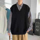 Sweater Vest Men Patchwork V-neck Colorful Shrug Chic Sleeveless Knitted Tops Mens Waistcoats Loose Oversize Harajuku All-match