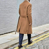 Khaki Woolen Men Coat One Piece Business Blazer Overcoat With Belt Winter Warm Wedding Groom Formal Work Party Causal Tailored