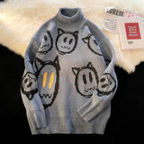 Foesce Men Turtleneck Cute Anime Cartoon Knitted Sweater  Autumn Winter Streetwear Hip-hop Loose Pullover Knitwear Couples Sweaters
