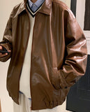 Foesce Handsome PU Leather Jacket Men's Trend High Street Autumn and Winter Loose All-match Teen Solid Lapel Leather Coat Men
