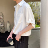 Foesce Short Sleeve Shirt Men Korean Fashion Half-sleeved Shirt Handsome Summer Lapel Solid Color Casual Ice Silk High Quality Top