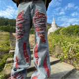 Y2K Fashion Ripped Jeans Men Spring Summer Streetwear Trend Loose Straight Denim Trousers Mens Leisure Patchwork Jean Pant