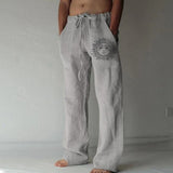 Men Baggy Cotton Linen Pants Casual Pocket Wide Leg Pant Full Length Drawstring Man Sport Pants Plus Size Loose Pants Streetwear