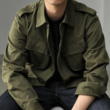 Foesce Vintage Field Jacket Men Army Green Lapel Multi-pocket Long Sleeve Tooling Jacket Spring Autumn Casual Cardigan Coat