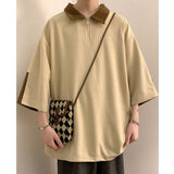 Summer Hit Color Half Zip Short Sleeve Men Polo T Shirt Waffle Plaid Fashion Harajuku Casual Oversized Clothes Black White Khaki