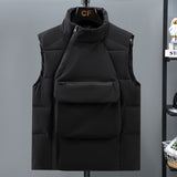Foesce New Men's Autumn Winter Down Cotton Vest Front pocket Waistcoat Warm Sleeveless Jacket Stand Collar Solid Color Zipper Coat