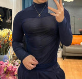Men T Shirt Mesh Patchwork Turtleneck Long Sleeve Streetwear Camisetas See Through Sexy Fashion Male Tee Tops S-5XL