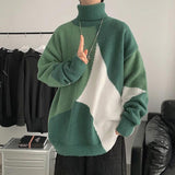 Foesce Fashion Turtleneck Knitted Spliced All-match Asymmetrical Sweater Men Clothing  Autumn New Casual Pullovers Loose Warm Tops