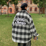 Woollen Coat Men Loose Lattice Turn Down Collar Windbreaker Letter Fashion Hip Hop Male Jackets Autumn Clothes