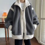 Lamb Wool Polar Fleece Contrast Color Jacket Men's Winter Loose Coat Turn Down Collar Male Zippers Outerwear