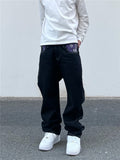 Foesce Waist Cashew Print Letter Pactchwork Ripped Jeans Mens Streetwear Straight Washed Retro Oversized Casual Denim Pants Unisex