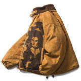 Winter Oversize Suede Vintage Jacket Men Zip Up Cotton-Padded Coat Fashion Harajuku Streetwear Poster Print Parka Clothing Male