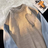 Women Men Sweater Autumn Knit Patchwork Sweater Long Sleeve O-Neck Heart Pattern Knitted Pullover Loose Stitching Sweater Shirt