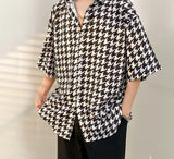 Foesce Men Short Sleeve Casual Loose Blouse Kpop Fashion Houndstooth Shirts Masculina Camisa Top blusas Homme Ropa Male Streetwear