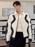 Stitching Lapel Men Coat Off Shoulder Short New Fashion Turn-down Collar Zipper Long Sleeve Male Jacket