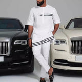 Foesce Men Dashiki Long Sleeve Shirt White Trouser Set Mens 2 Pieces Outfit Suit Traditional Male Clothes T-shirt Pant Suits For Men
