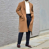 Khaki Woolen Men Coat One Piece Business Blazer Overcoat With Belt Winter Warm Wedding Groom Formal Work Party Causal Tailored