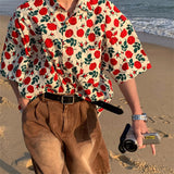 Summer Beach Hawaiian Rose Shirts Vintage Red Floral Button Up Shirt Men Women Loose Casual Tops Large 2XL Japan Kawaii Tee
