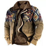 Foesce Winter Mens Warm Thick Fleece Lining Jackets Vintage Pattern Print Patchwork Turn-down Collar Buttoned Coats Men Outerwear
