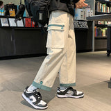 Foesce Spring Autumn Casual Print Patchwork Cotton Wide Leg Pants Man Loose Y2k Pocket Hip Hop Cargo Straight Male Trousers Streetwear