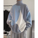 Foesce Fashion Turtleneck Knitted Spliced All-match Asymmetrical Sweater Men Clothing  Autumn New Casual Pullovers Loose Warm Tops