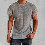 Foesce Men Summer Sleeveless O Neck Basic Pullover Tee For Man Clothing Casual Tassel Solid Shirt 2023 Hollow Knit Vest Top Streetwear