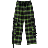 Men's Vintage Straight Pants Plaid Baggy Drawstring Trousers Multi-pocket Design Fall Hip Hop Casual Fashion Streetwear