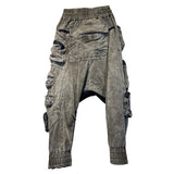 Spring Autumn Men's Vintage Elastic Waist Pencil Cargo Pants Casual Pockets Cotton Ankle-Length Darkwear Trousers 12A7242