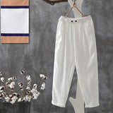 Casual Pants Women Summer Cotton Button Elastic Waist Ankle-length Basic Cool M-4XL All-match Simple Chic Harem Trousers Female