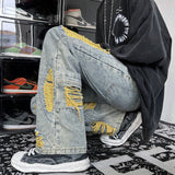 American High Street Men's Jeans Contrast Color Ripped Loose Fashion Denim Pants Hip Hop Male Brand Trousers