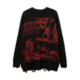 Foesce Harajuku Priest Salvation Printed Knitwears Women Streetwear Hip Hop Destroyed Hole Ripped Pullovers Jumper Oversized Men