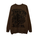 Foesce Harajuku Priest Salvation Printed Knitwears Women Streetwear Hip Hop Destroyed Hole Ripped Pullovers Jumper Oversized Men