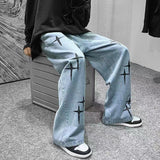 Foesce  Oversized Jeans Neutral Wide Leg Denim Trousers Loose Street  Men Jean Asthetic Man Jeans Pants Cross Print Casual Baggy Hip Hop