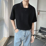 Foesce New Waffle Polo Shirt Men Short Sleeved Summer Solid Color Ice Silk Lapel Casual Loose Harajuku Top Korean Fashion Clothing