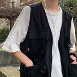 Foesce Men's functional Tooling Vest Streetwear Hip Hop Sleeveless Jacket Gilet Military Multi-Pocket Outdoors Cargo Vest Coat