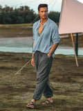 Men's Hippie Linen Shirt Casual Long Sleeve Henry Collar Summer Beach Loose Tee Tops Solid Color T shirts