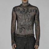 Men's Punk Sexy Gauze Rough Edges Slim T-shirt Long Sleeve Black Tops Spring And Summer T Shirts For Men