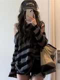 Gothic Streetwear Striped Knitted Sweater Women Harajuku Punk Hollow Out Jumper Hole Loose All-match Tops Grunge E-girl