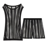 Mens Undershirt Set Mesh Tank Tops Boxers Sexy Sheer Fishnet Hollow Sleeveless Singlet Shorts Nightwear