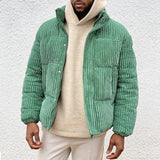 Autumn Streetwear Mens Down Jacket Winter Warm Outerwear Fashion Loose Zipper Turn-down Collar Long Sleeve Corduroy Coat For Men