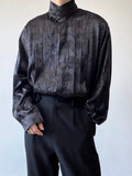 Foesce Chinese Pleated Stand Collar Jacquard Satin Trend Men's Shirt Long Sleeved Fashionable Autumn Male Tops Solid Color