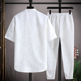 Foesce-(Shirt + trousers)summer fashion men shirt letter pattern Cotton shirts men's casual elastic waist shirts men size M-5XL