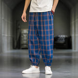 Chinese Style Ice Cotton Casual Pants Men Summer Breathable Thin Section Harem Pants Comfortable Loose Plaid Pants