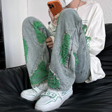 American High Street Men's Jeans Contrast Color Ripped Loose Fashion Denim Pants Hip Hop Male Brand Trousers