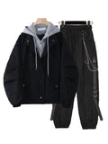 Foesce Spring New Streetwear Black 2 Piece Set Harajuku Loose Hooded Single Breasted Jacket+Handsome Cargo Pants Two Piece Outfits