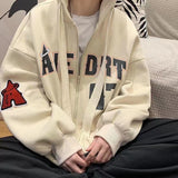 Vintage Letter Print Zip Up Hoodie Women Jacket sweatshirt Oversized Casual Teens Clothes Hip Hop Streetwear New Korean